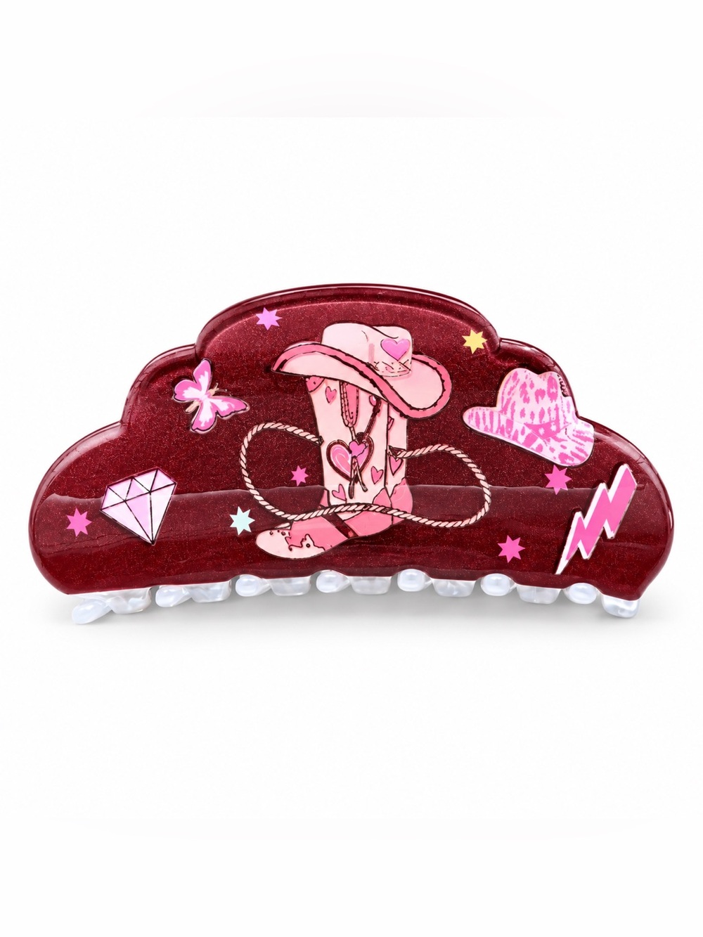Dark Red Western Cowboy Boot Diamond Lightning Bolt Butterfly Lobster Claw Clip